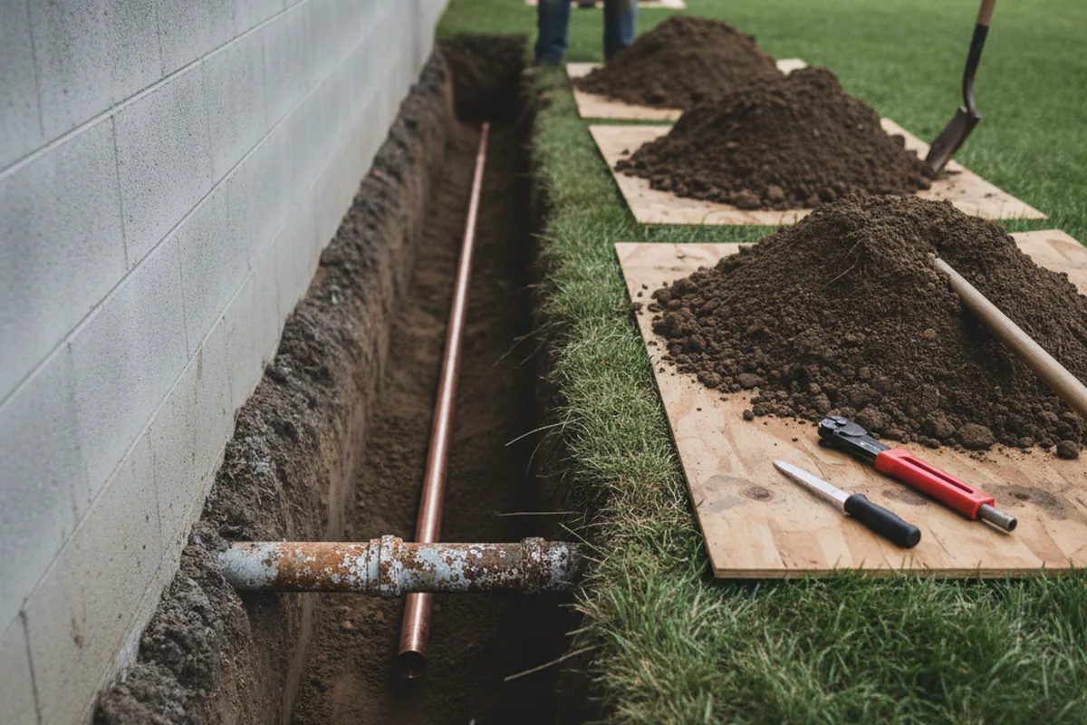 Excavated water line trench during Water Softener Installation in Ardara